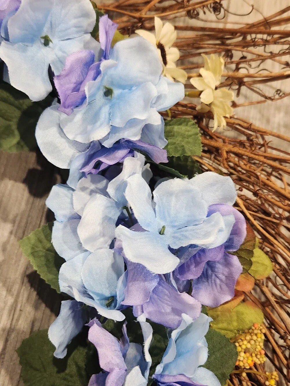Handmade Summer Blue Hydrangea Grapevine Wreath Rustic Farmhouse Door Decor